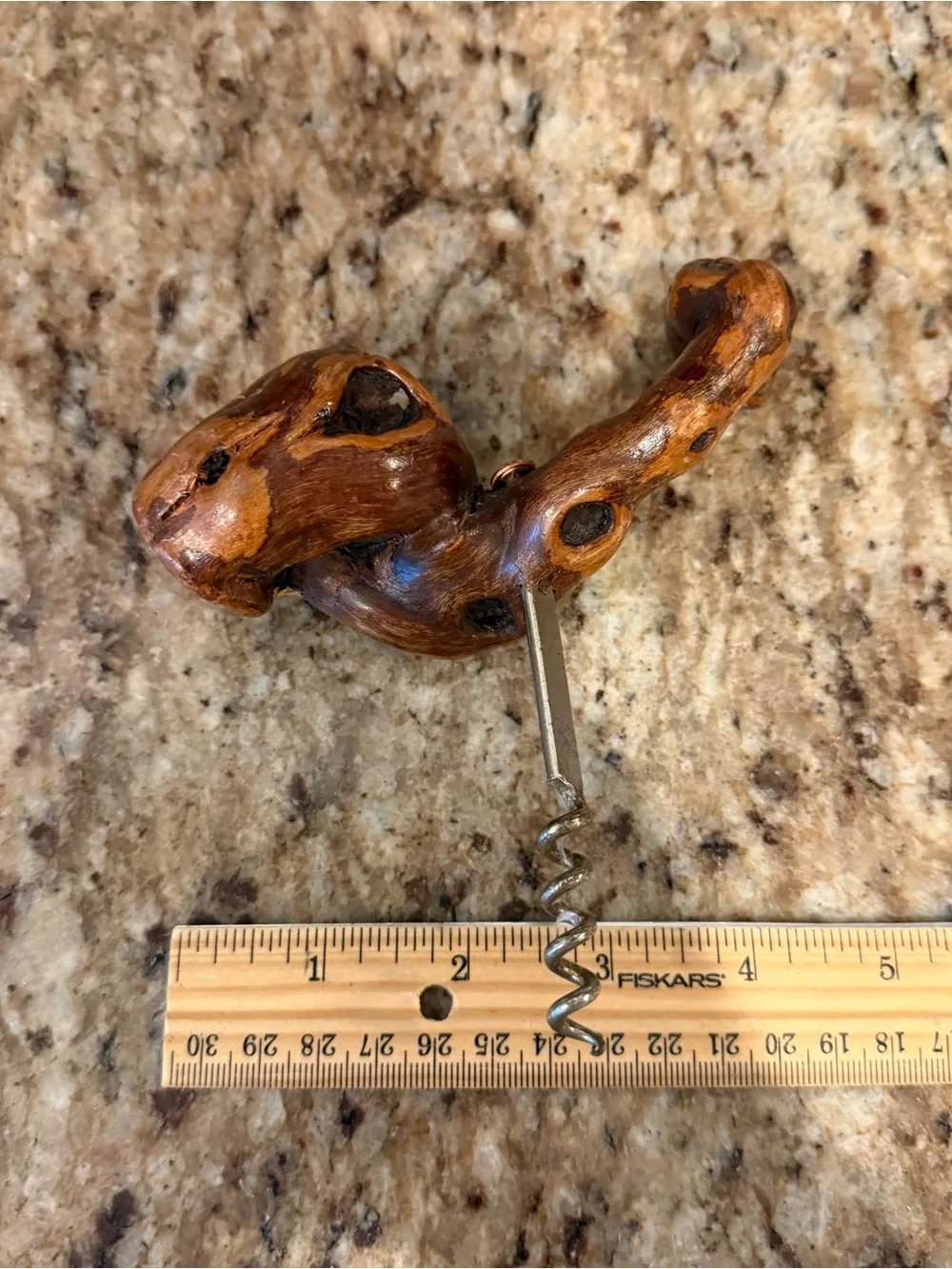 Vintage Burl Root Dark Wood Wine Corkscrew Primitive Rustic Folk Art Barware